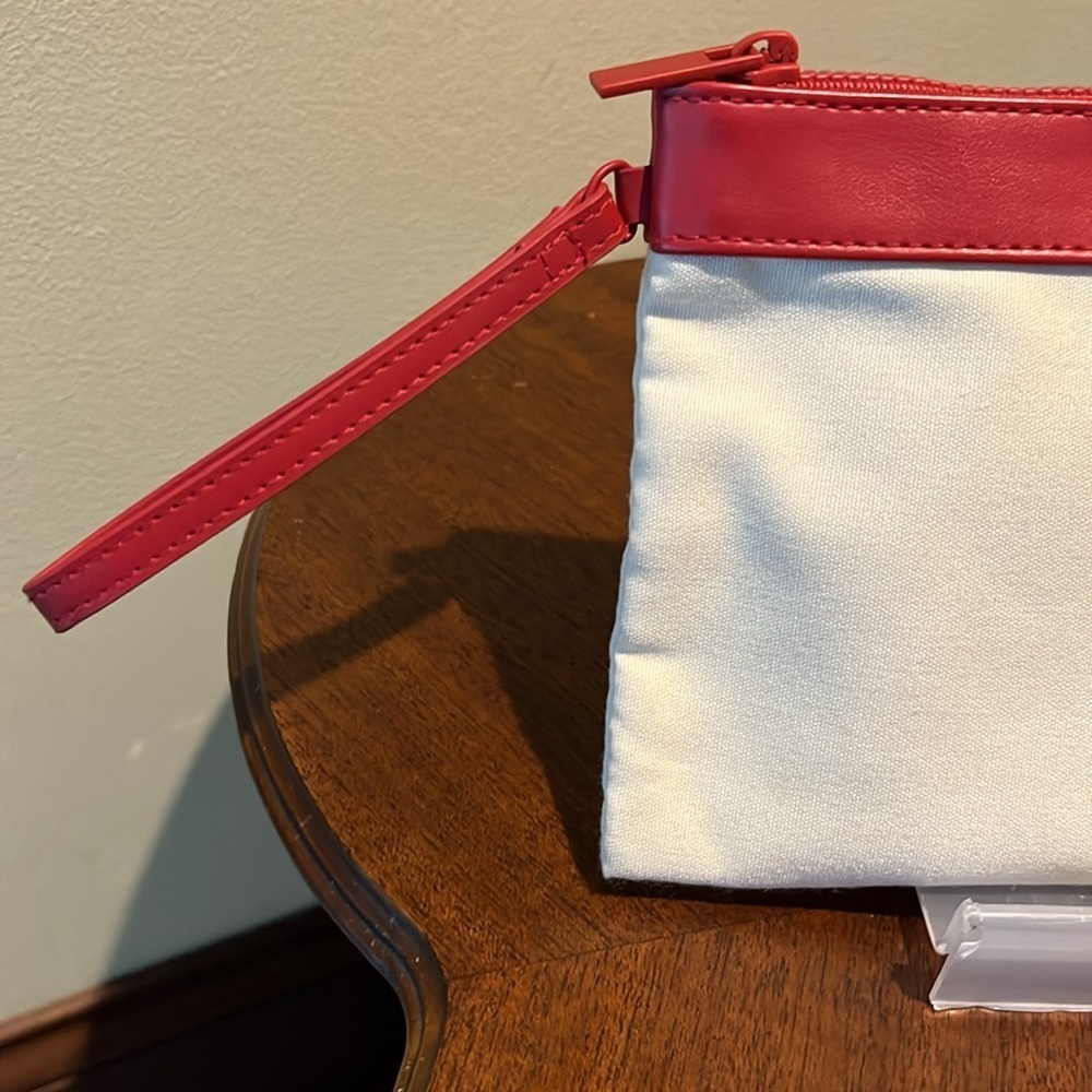 YSL Beaute Wristlet cosmetic case/pouch fabric Ivory cream/red trim & logo NWO - Picture 3 of 13